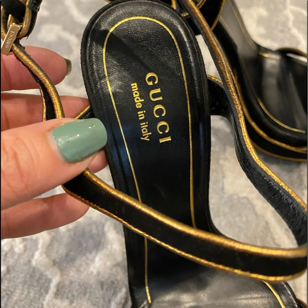 Gucci Black Platform Sandals with Gold Trim - Picture 10 of 13